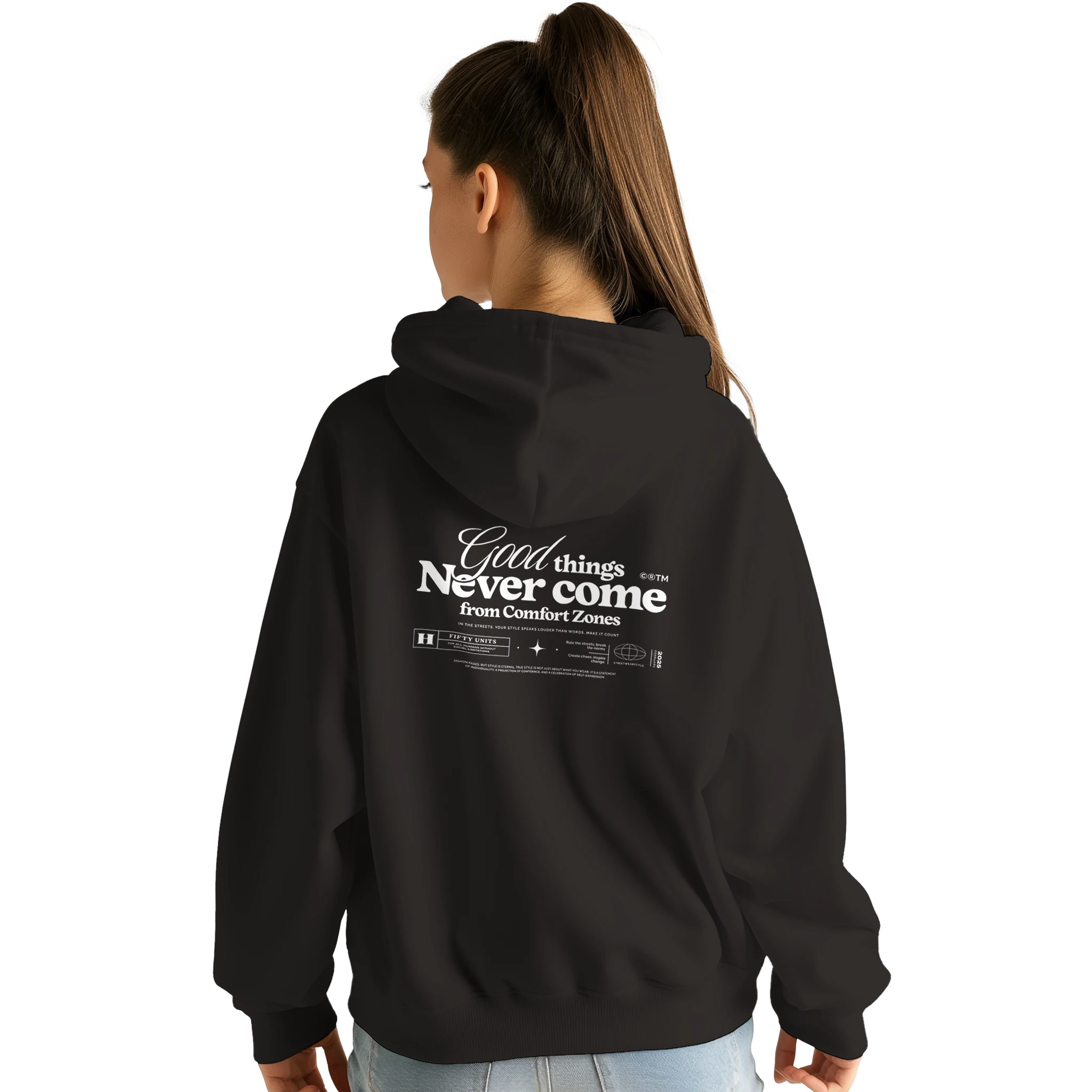 lifestyle modelo usando sudadera never come fifty units - chica