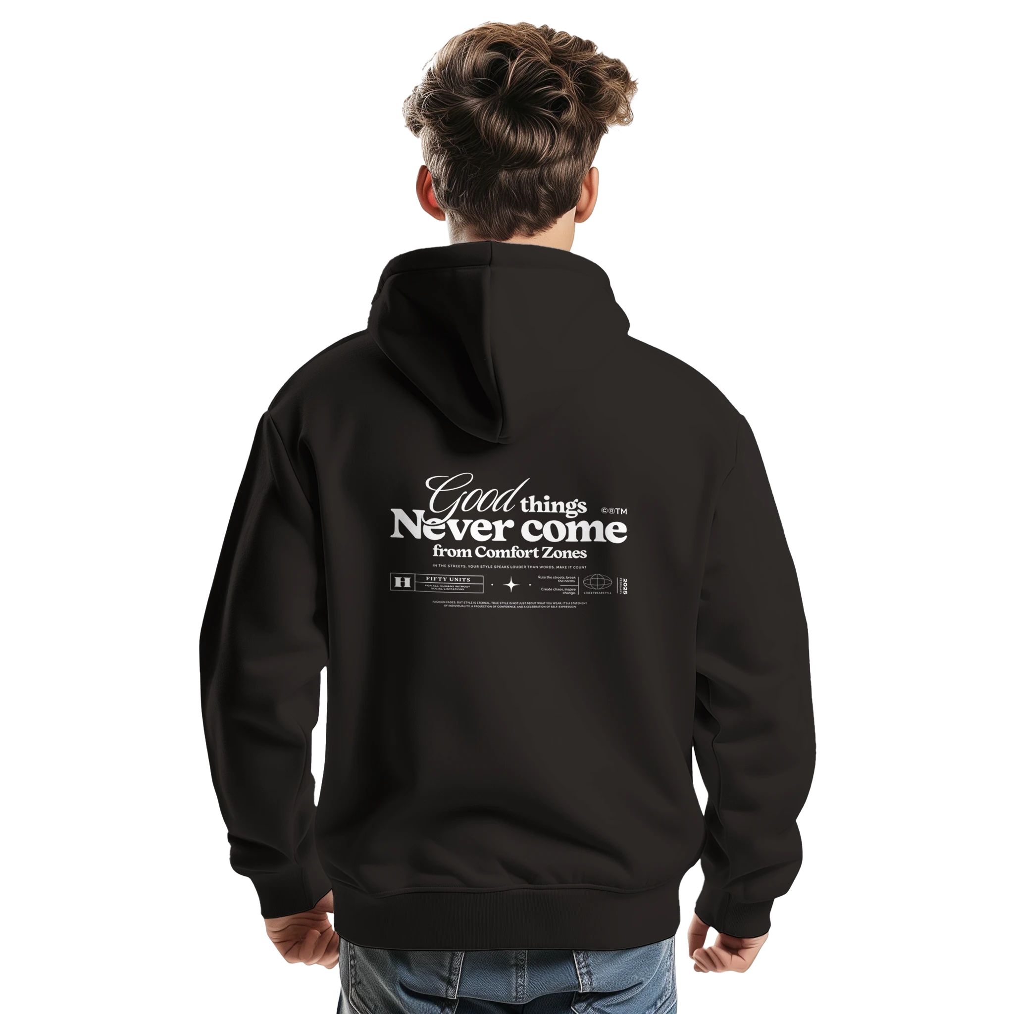 lifestyle modelo usando sudadera never come fifty units - chico